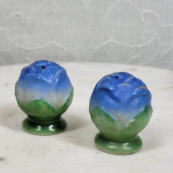 VTG Rose Bud Salt Pepper Shakers 1.5" Blue Green Japan Floral Ceramic Flowers - Picture 12 of 15